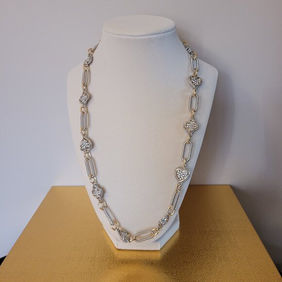 Silver and Gold Tone Necklace with Rhinestones. Glass Crystals. Toggle Clasp. - Picture 1 of 12